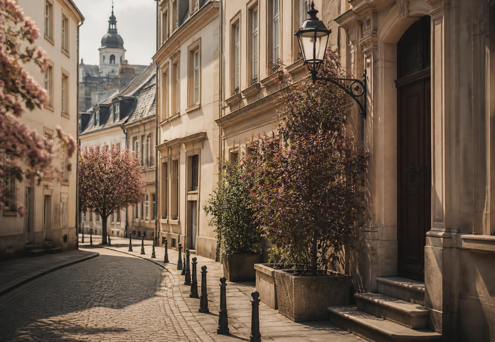 Quiet historic street in Luxembourg City in warm morning light